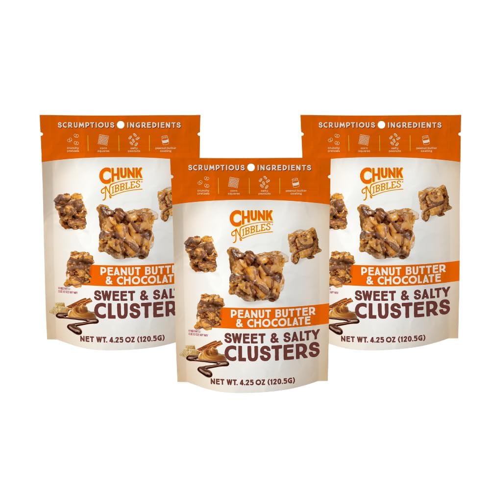 Chunk Nibbles peanut butter chocolate cluster with pretzel crunch for a satisfying snack.