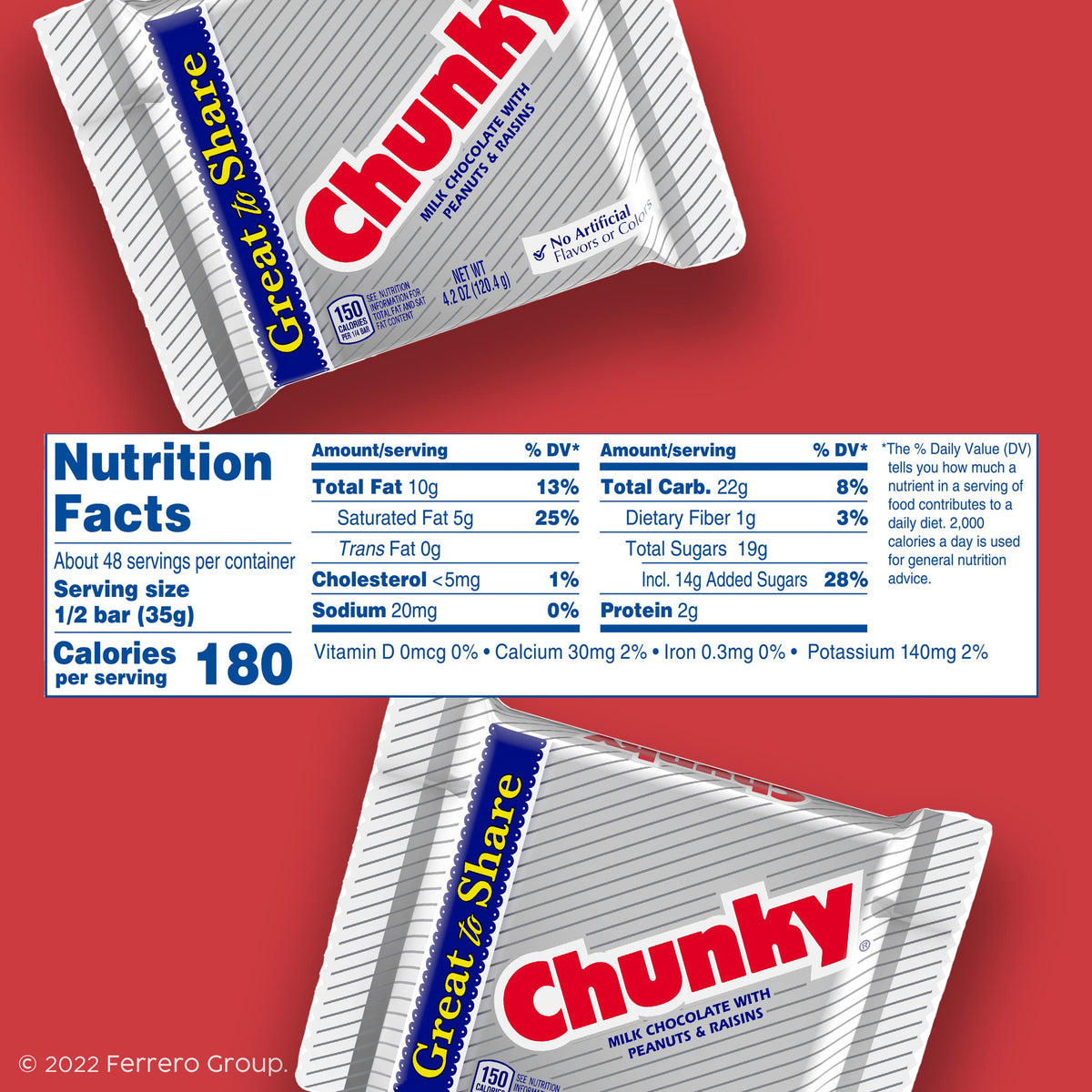 Chunky milk chocolate bar closeup showing peanuts and raisins in the mix.