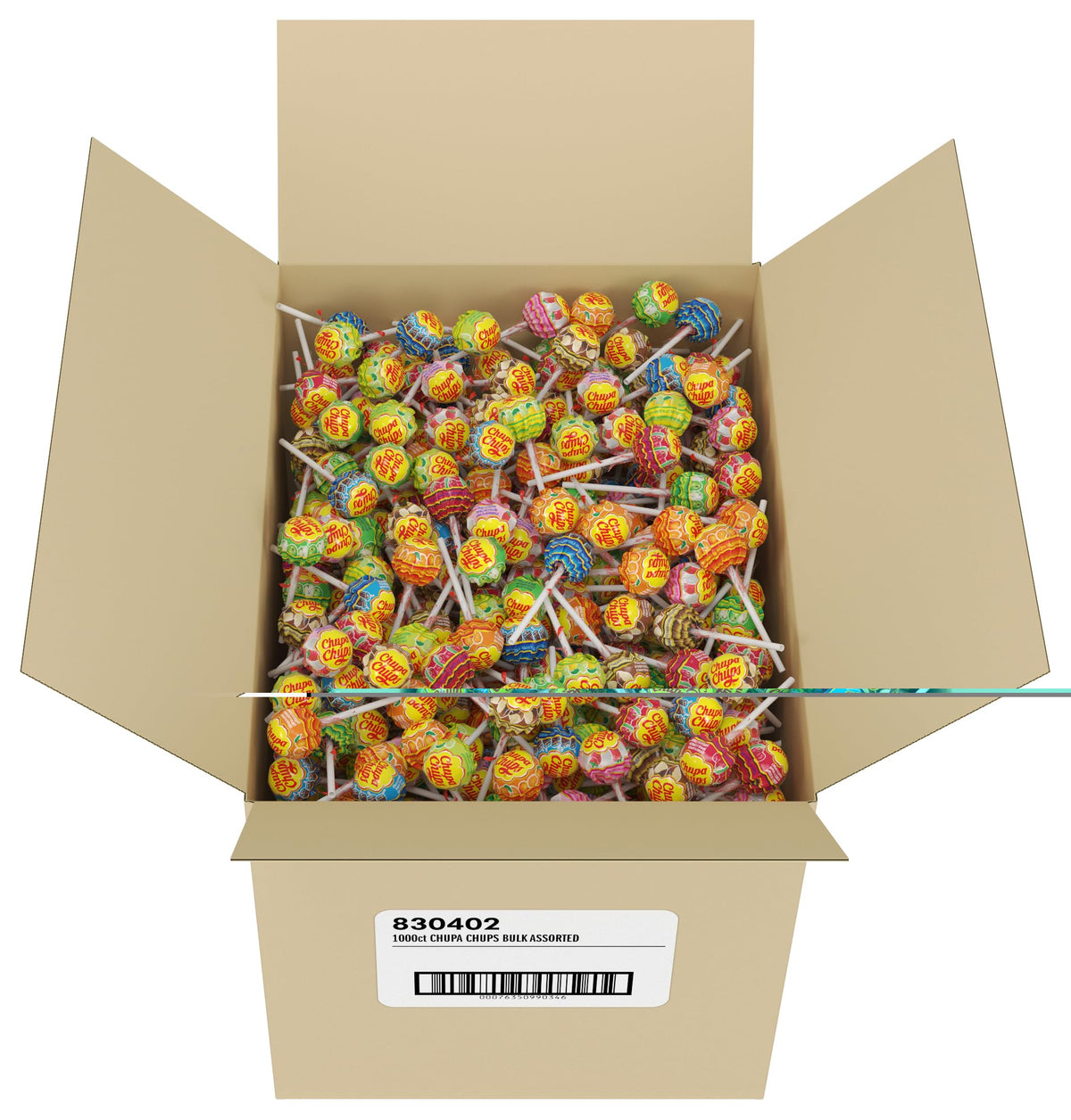 Chupa Chups bulk box of 1000 lollipops for events and party favors.