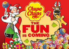 Chupa Chups seven-flavors assortment display of colorful lollipops.