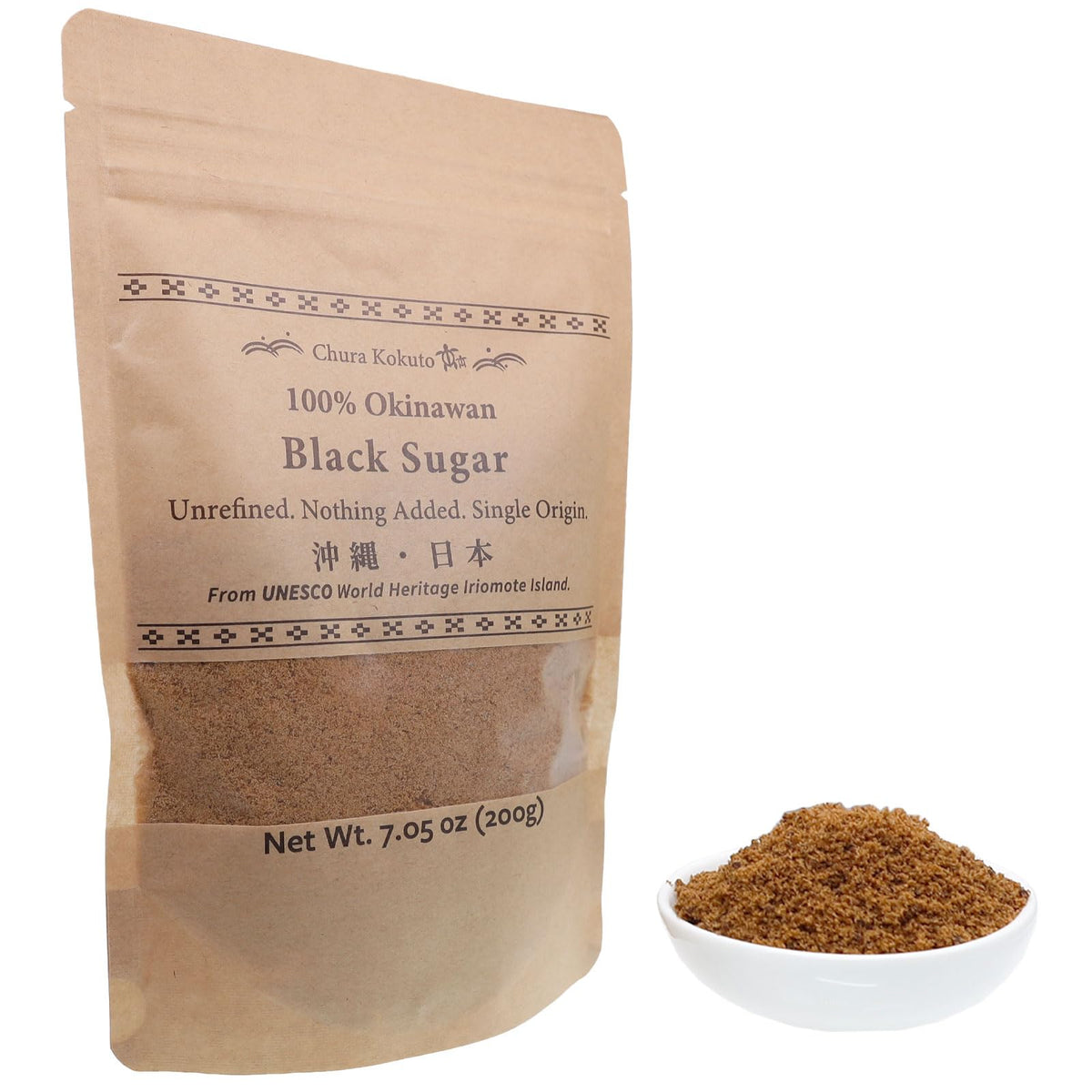 Chura Kokuto Okinawan Black Sugar Powder bottle emphasizing unrefined flavor for coffee and tea