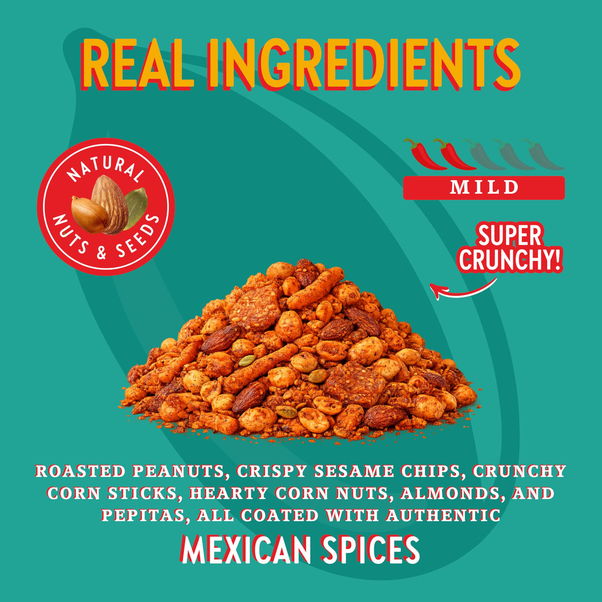 Crunchy texture highlight of corn nuts and sesame chips in Barrio Trail Mix