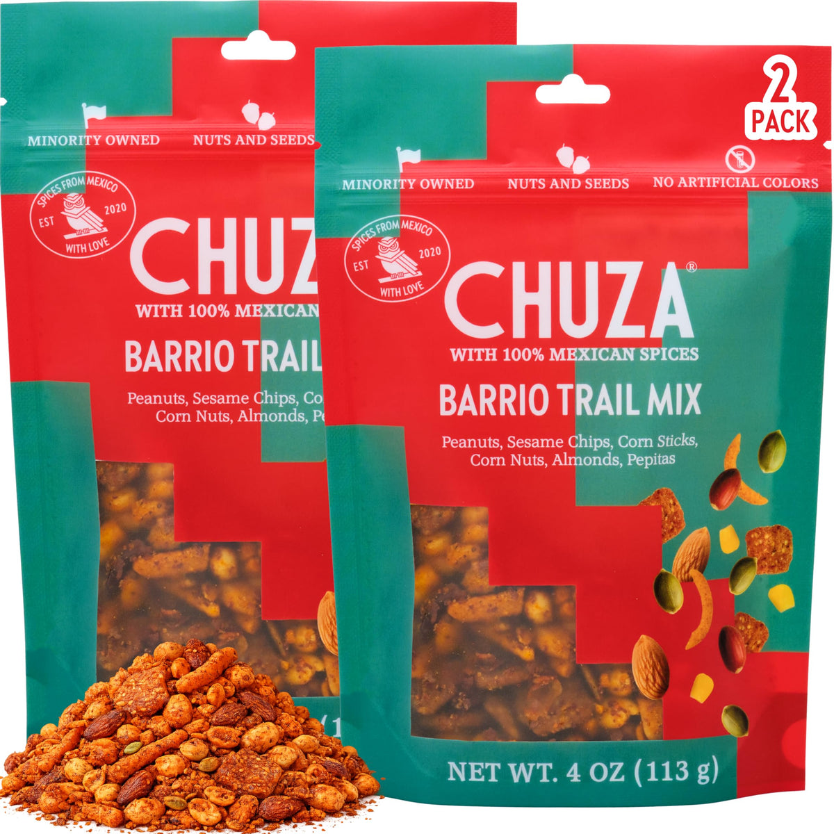 Chuza Barrio Trail Mix packaging showing bold Mexican spices for on-the-go snacking