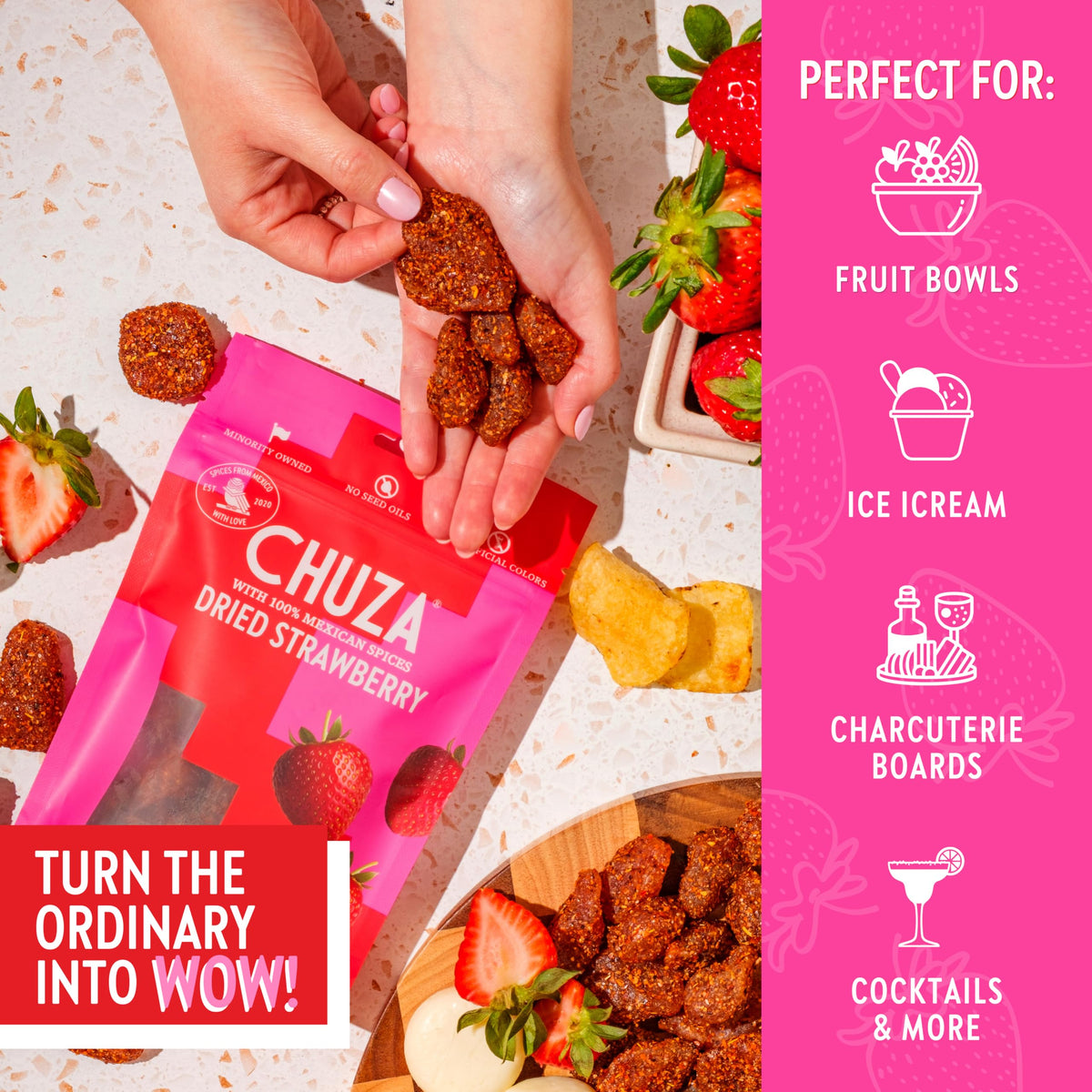 Real dried strawberry pieces in CHUZA bites showcasing natural fruit character.