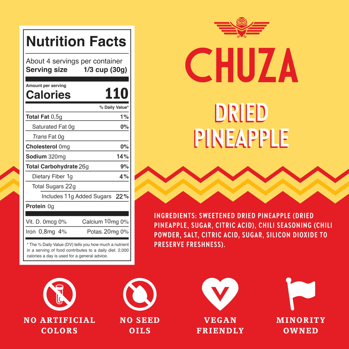 CHUZA pineapple chili snacks close-up reveals chewy texture and real fruit.