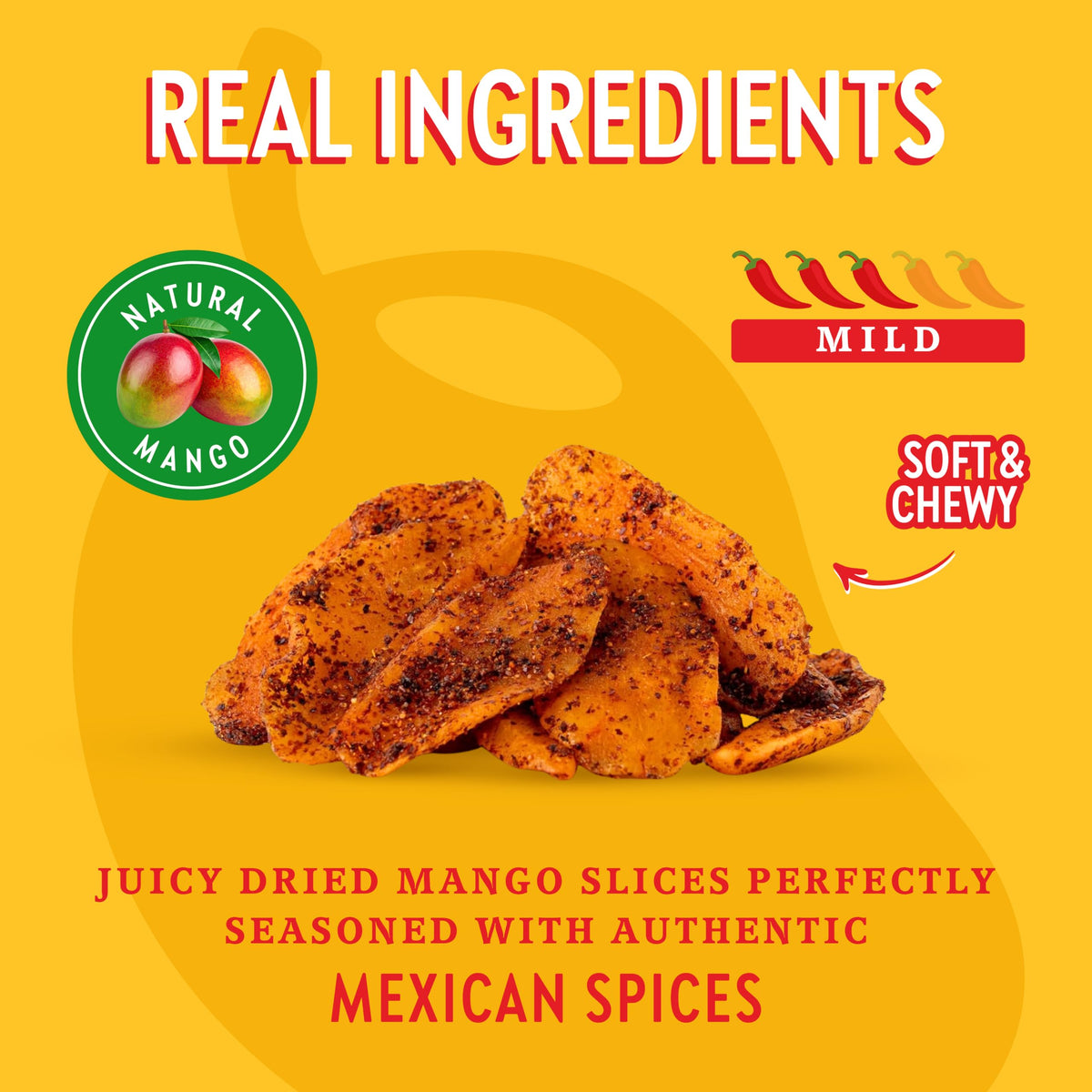 CHUZA Spicy Dried Mango Bites chili-seasoning closeup emphasizes authentic pepper spice for a vibrant bite.