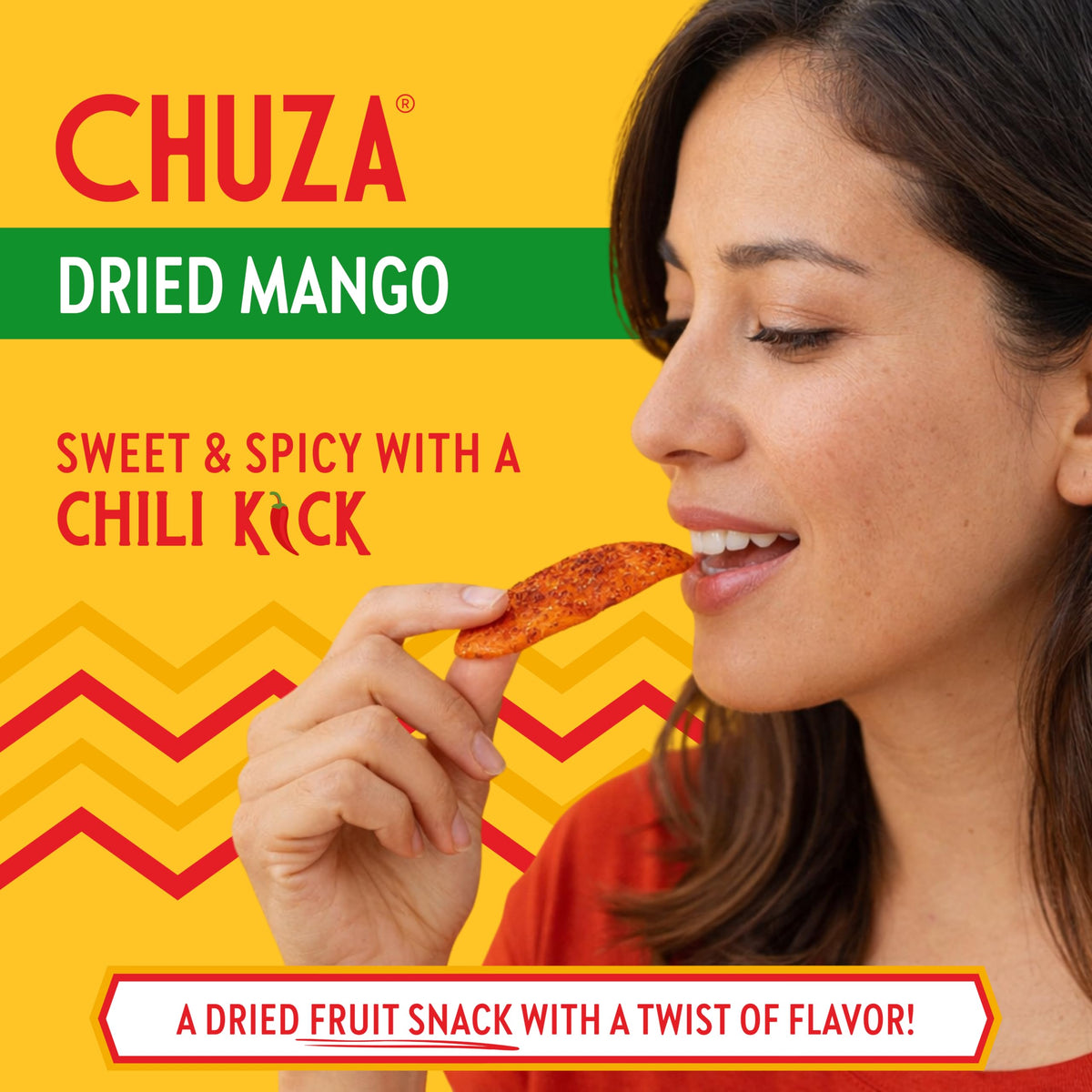 CHUZA Spicy Dried Mango Bites closeup mango highlights real fruit sweetness and chewy texture.
