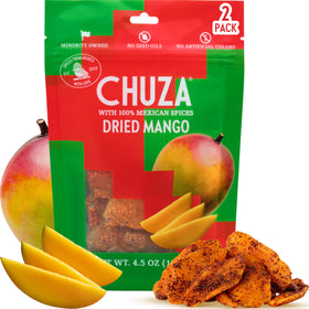 CHUZA Spicy Dried Mango Bites pack front showcases bold sweet-heat flavor in a resealable pouch.