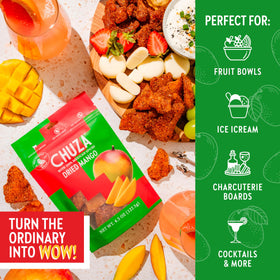 CHUZA Spicy Dried Mango Bites reseal pack demonstrates convenient on-the-go snacking.