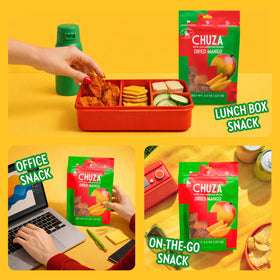 CHUZA Spicy Dried Mango Bites serving idea shows friends enjoying a punchy snack.