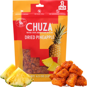 CHUZA spicy dried pineapple bites in pack show convenient 2-pack snacking.
