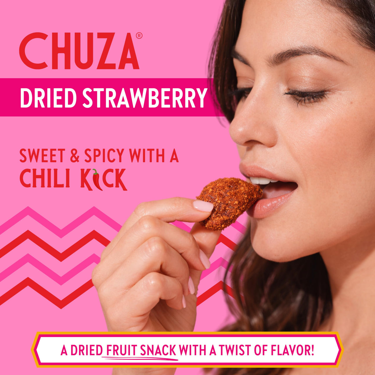 CHUZA Spicy Dried Strawberry Bites 2-pack, ideal for lunchboxes and road trips.