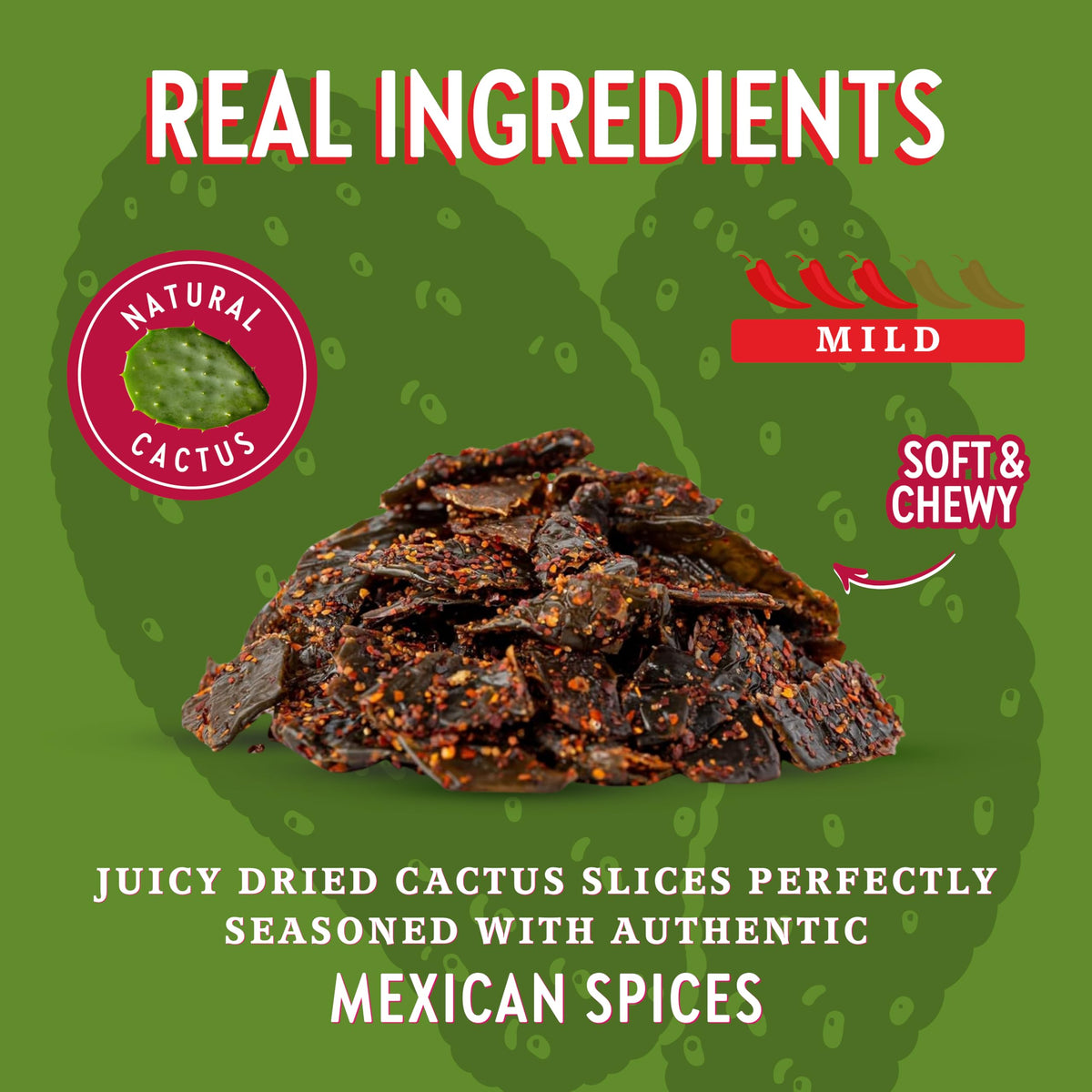 CHUZA Spicy Nopal Bites highlighted with chili seasoning in a snack-ready shot.