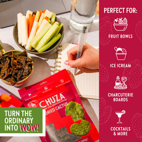 CHUZA Spicy Dried Nopal Snacks Bites ready-to-go pack on the move.