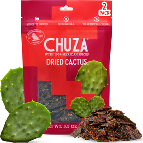 CHUZA Spicy Dried Nopal Snacks Bites pack close-up showing bold flavor and chewy texture.