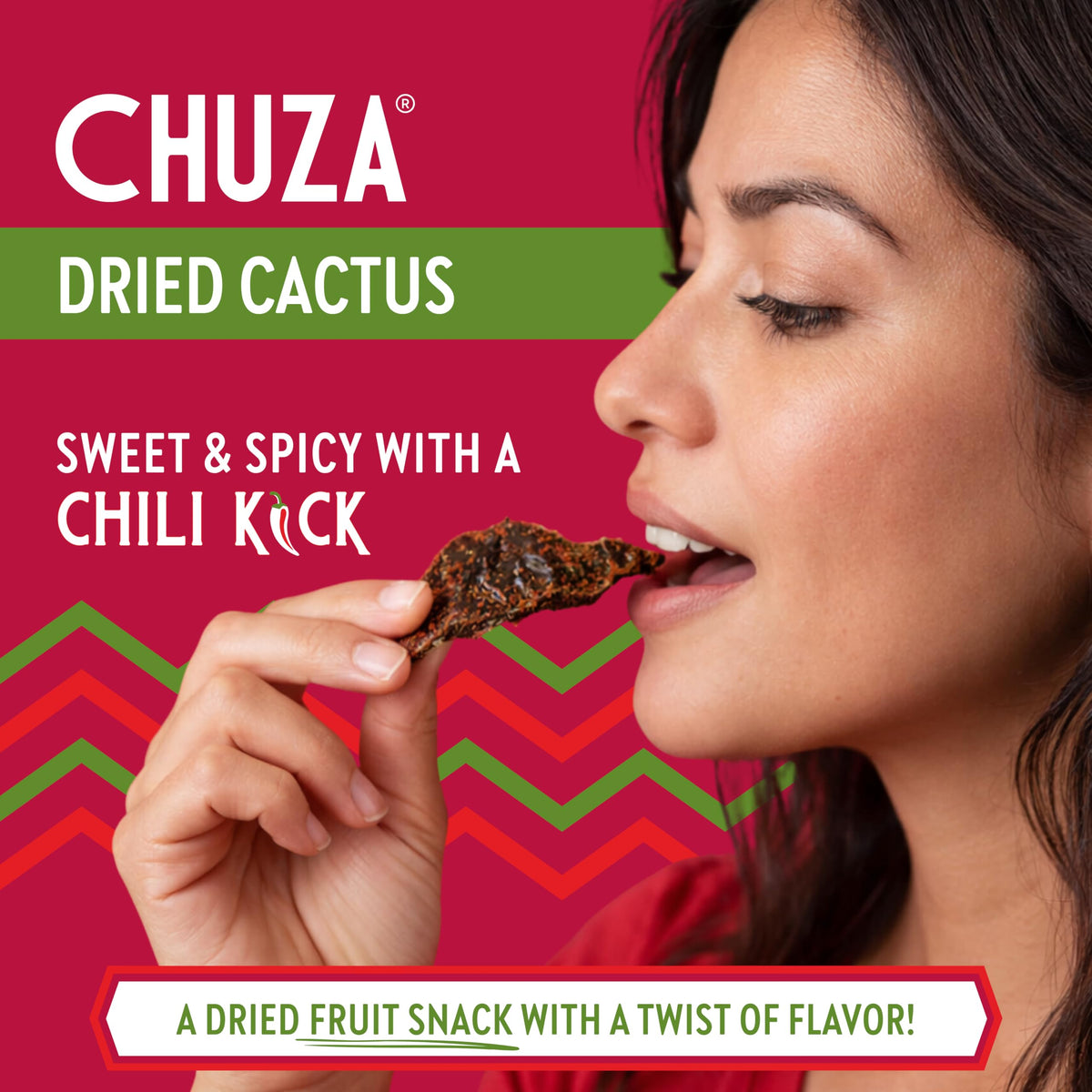 CHUZA Spicy Nopal Bites close-up highlighting chewy texture and vibrant chili seasoning.
