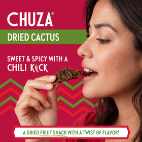 CHUZA Spicy Nopal Bites close-up highlighting chewy texture and vibrant chili seasoning.