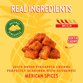 CHUZA spicy pineapple snacks in bag demonstrate portable, travel-friendly enjoyment.