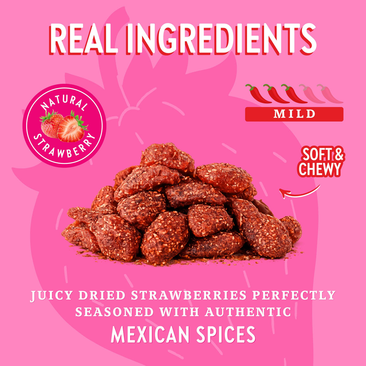 Close-up of CHUZA strawberry bites with chili seasoning for a spicy-sweet bite.