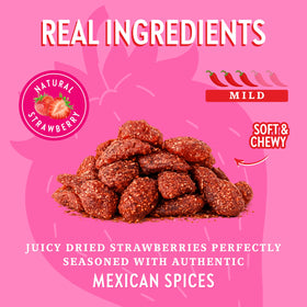 Close-up of CHUZA strawberry bites with chili seasoning for a spicy-sweet bite.