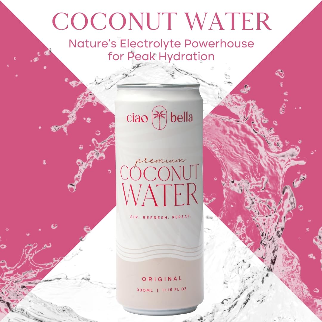Close-up of CIAO BELLA coconut water being poured to reveal natural electrolytes