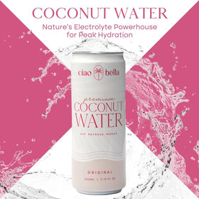 Close-up of CIAO BELLA coconut water being poured to reveal natural electrolytes
