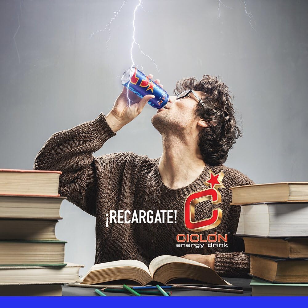 Ciclon Original Energy Drink taurine and B vitamins graphic emphasizes focus and stamina.