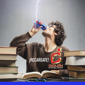 Ciclon Original Energy Drink taurine and B vitamins graphic emphasizes focus and stamina.