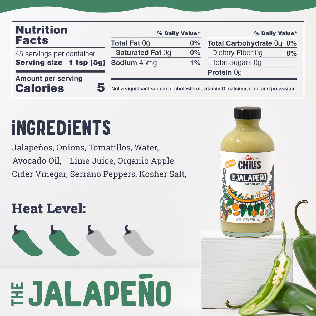Cien Chiles The Jalapeño bottle pour highlights smooth heat for versatile dishes.