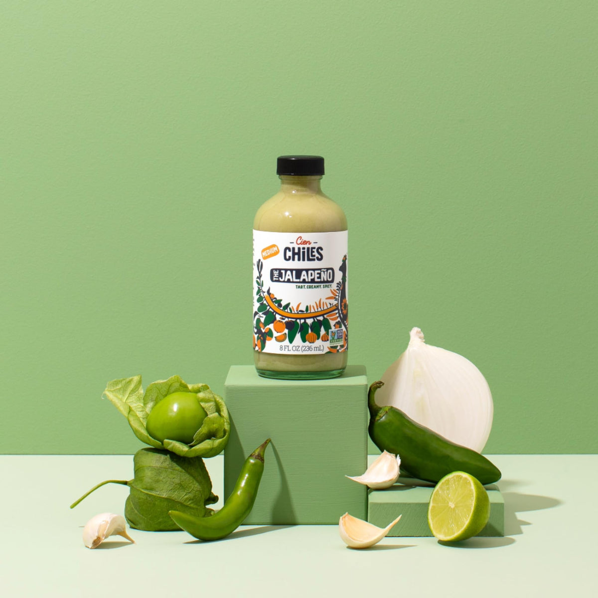 Cien Chiles The Jalapeño ingredients close-up showcasing Non-GMO, gluten-free simplicity.