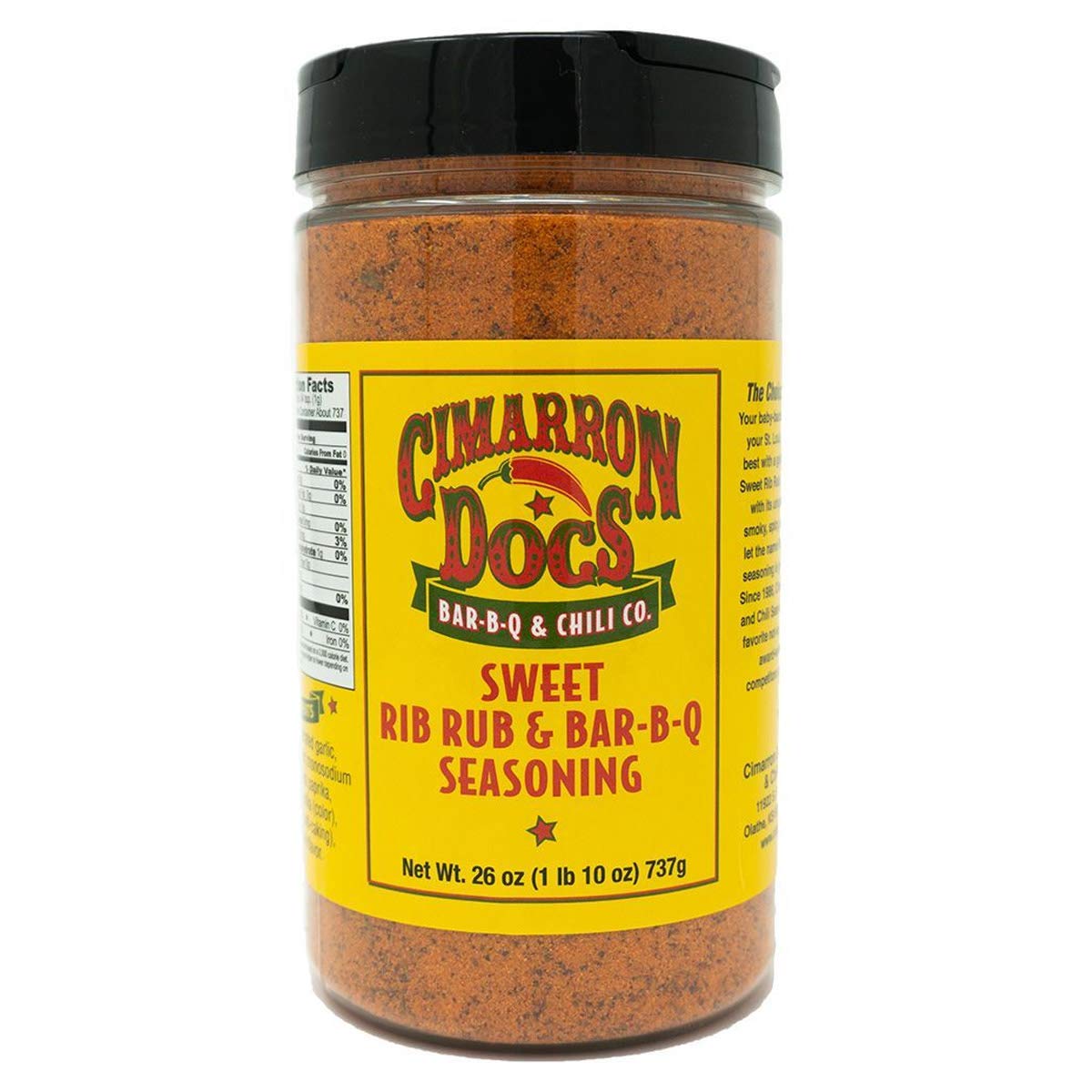 Cimarron Docs Sweet Rib Rub bottle front, enhancing pork ribs flavor with subtle sweetness and smoke.