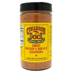 Cimarron Docs Sweet Rib Rub bottle front, enhancing pork ribs flavor with subtle sweetness and smoke.