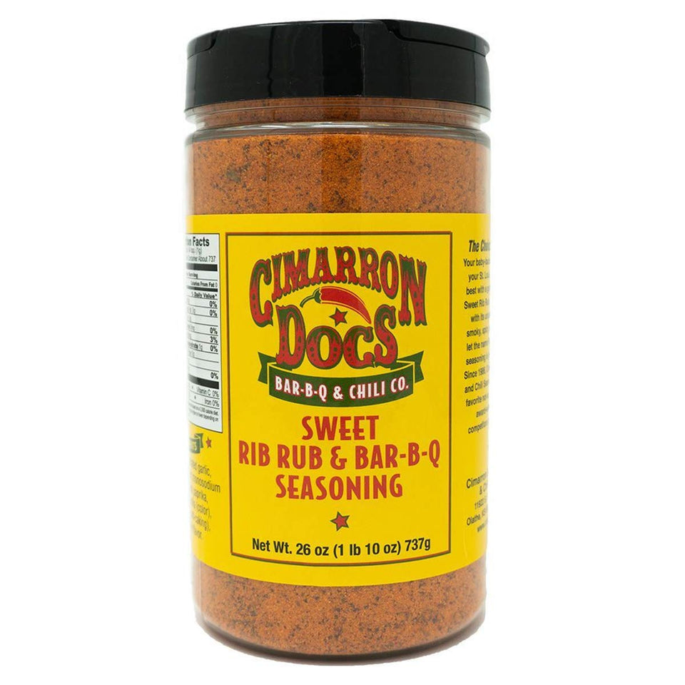 Cimarron Docs Sweet Rib Rub bottle front, enhancing pork ribs flavor with subtle sweetness and smoke.