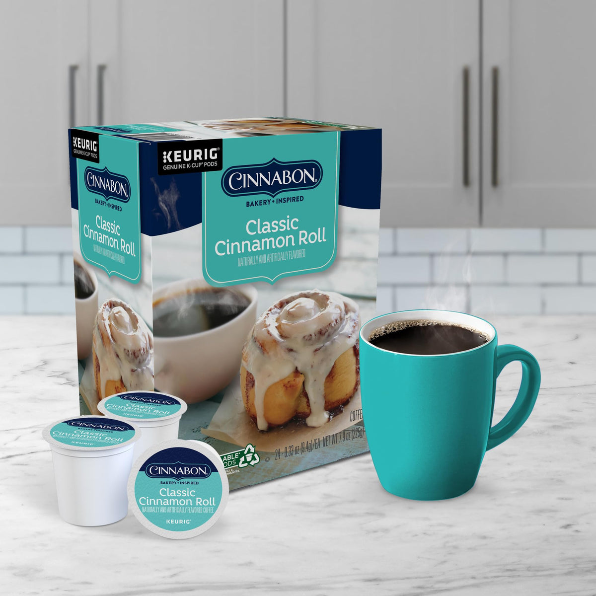 CINNABON cinnamon aroma fills a cozy kitchen setup.