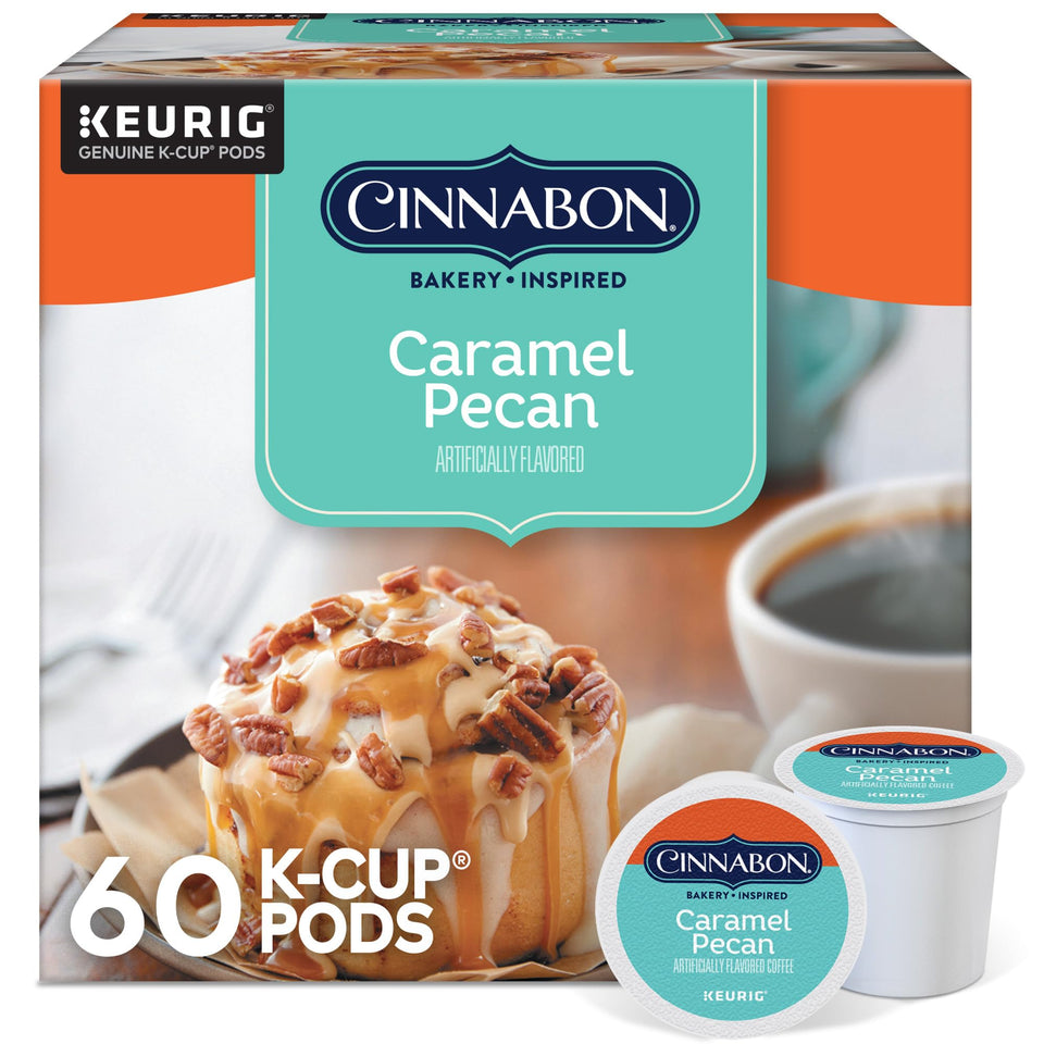 CINNABON Caramel Pecan Coffee packaging shows convenient 60-count multi-pack for mornings
