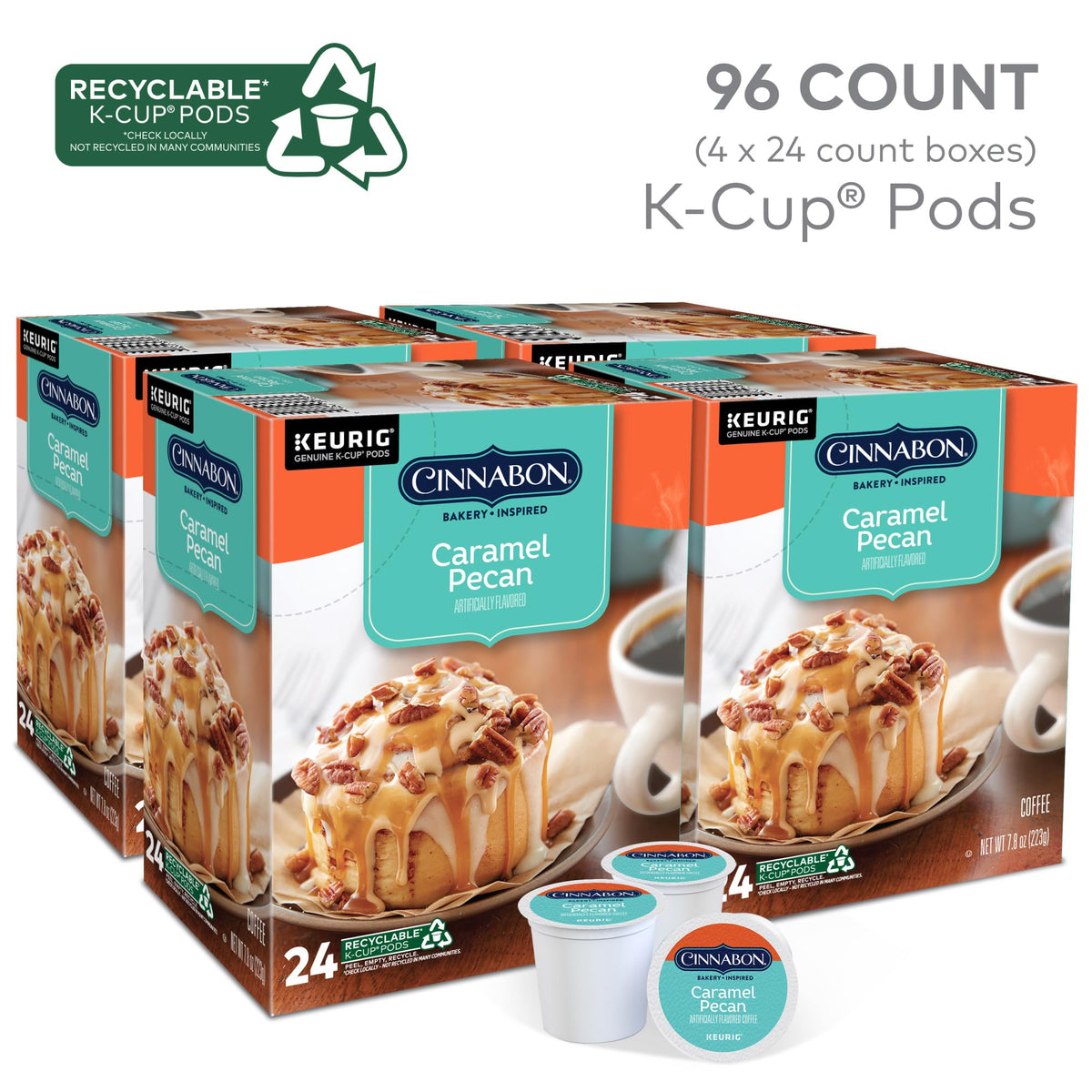 Close-up of Cinnabon caramel pecan coffee swirl and aroma in a K-Cup pod.