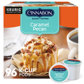 Cinnabon caramel pecan coffee K-Cup pods in a 96-count pack for quick mornings.