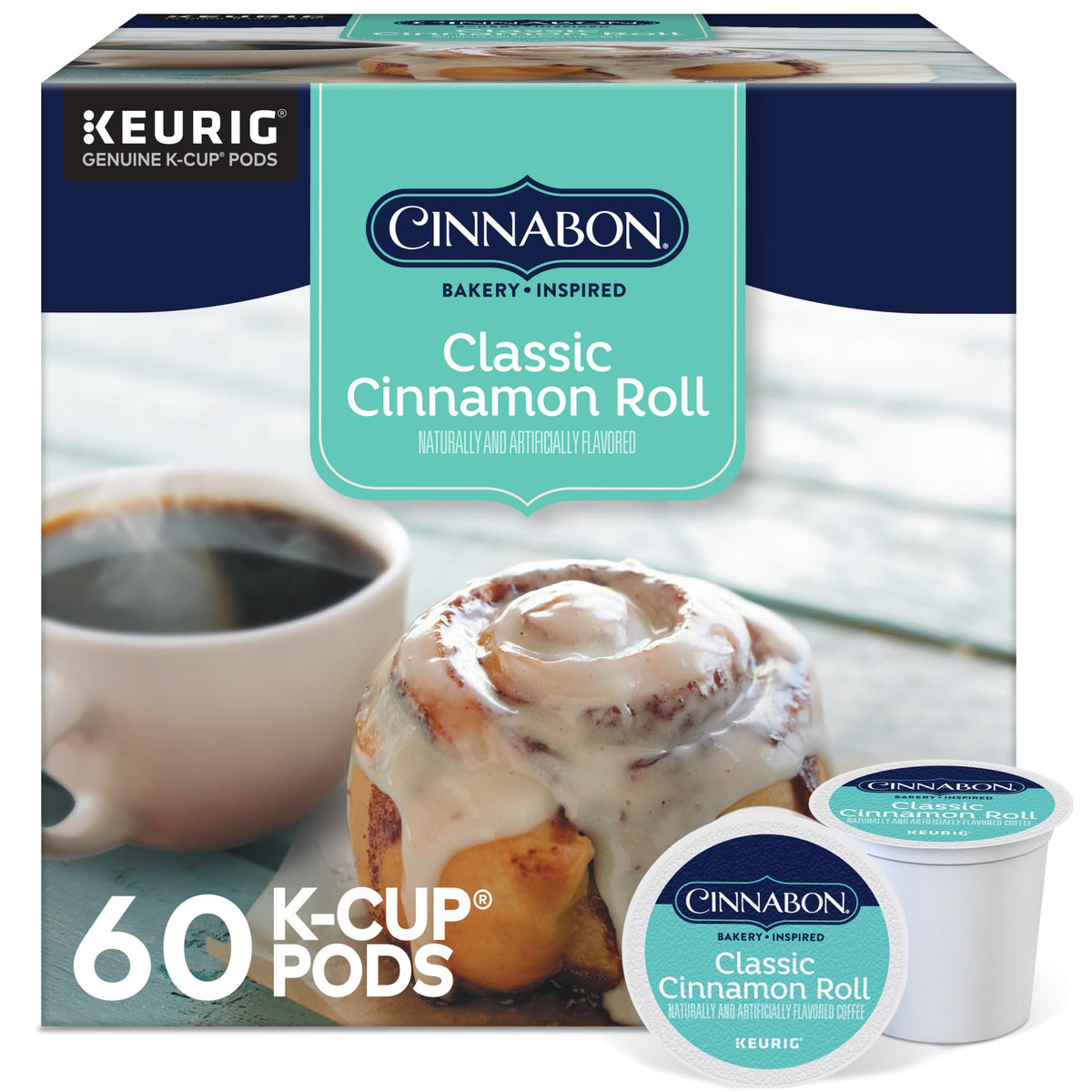 Cinnabon Classic Cinnamon Roll Coffee box with 60 K-Cup pods.