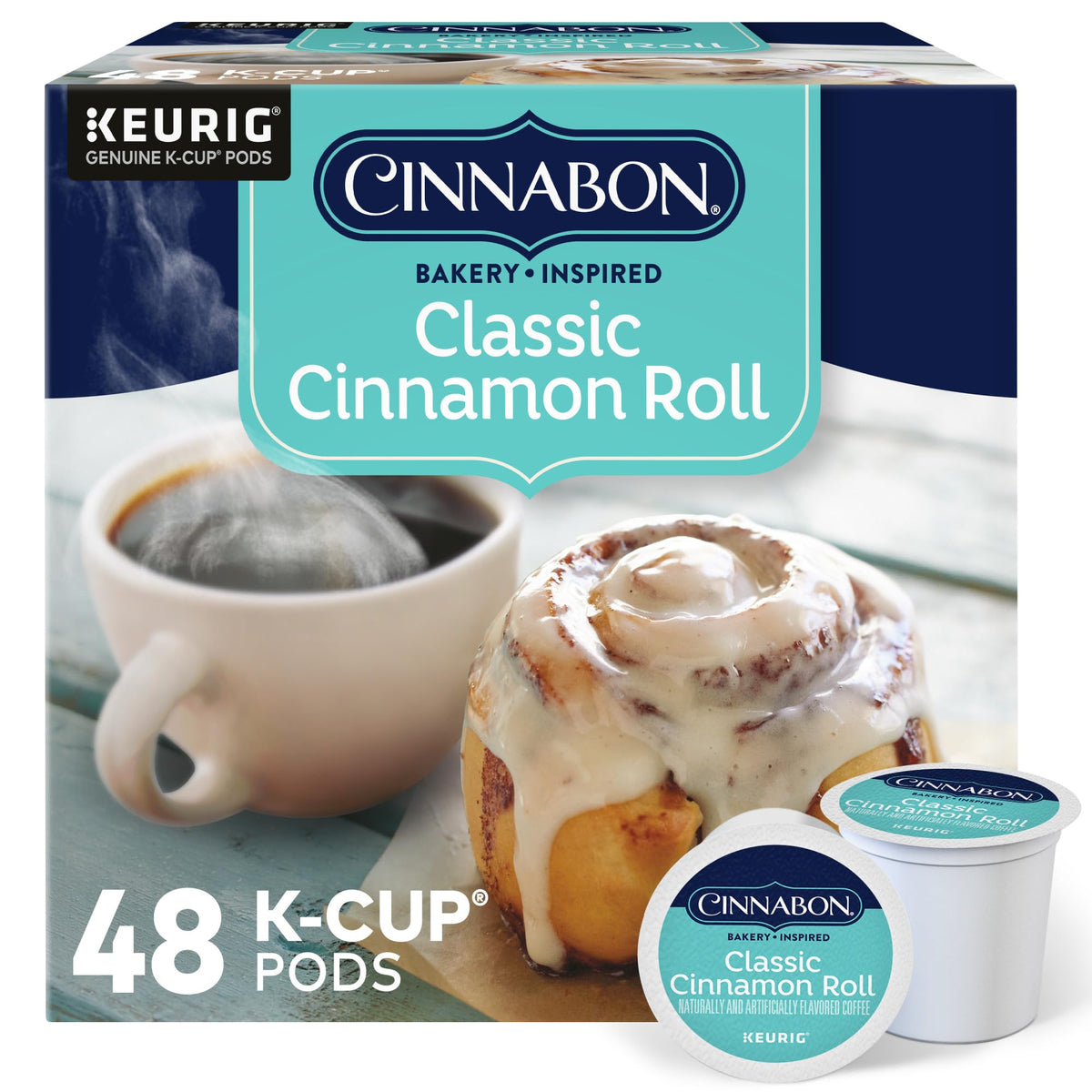 CINNABON Classic Cinnamon Roll K-Cups box front for quick mornings.