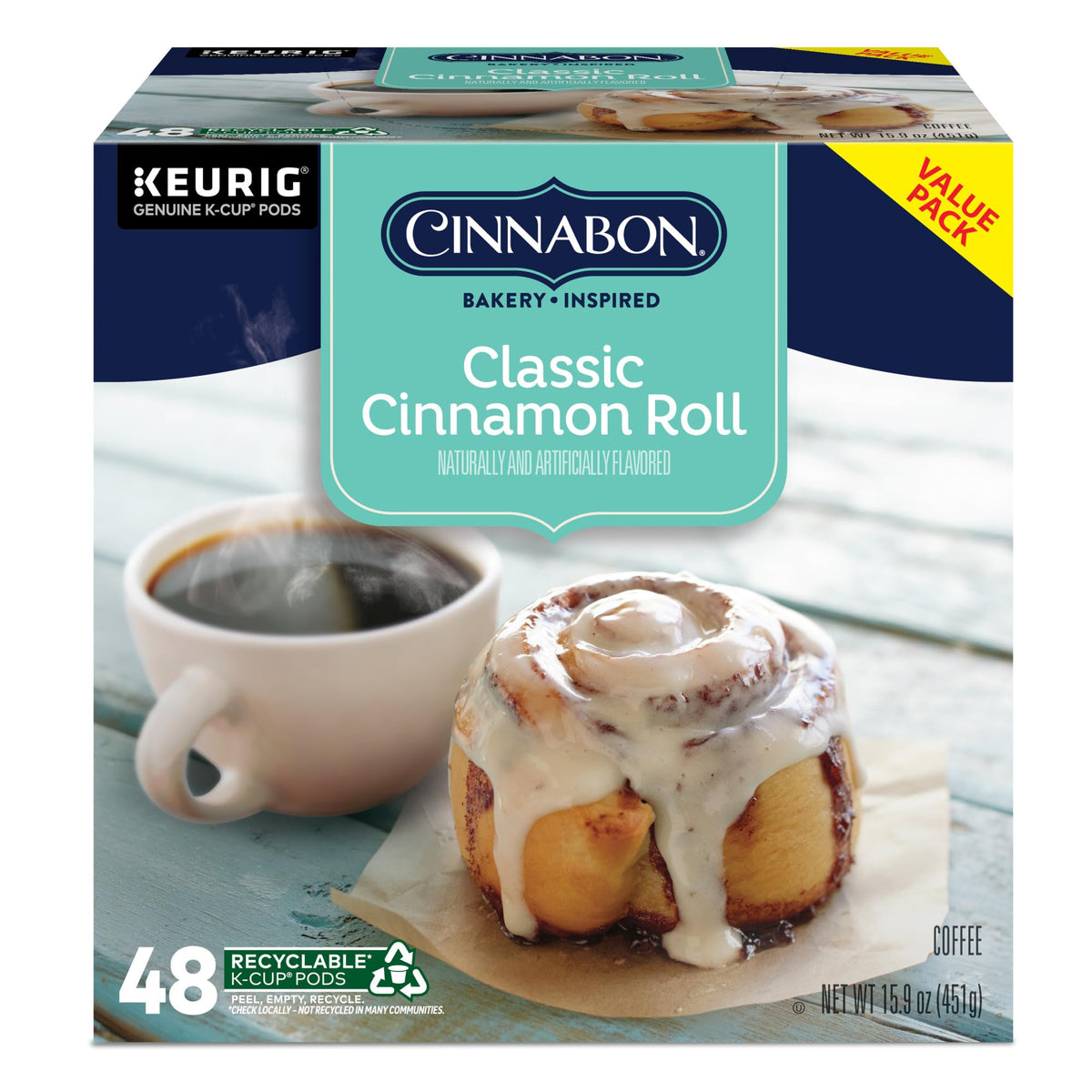 Close-up of CINNABON K-Cup label showing light roast.