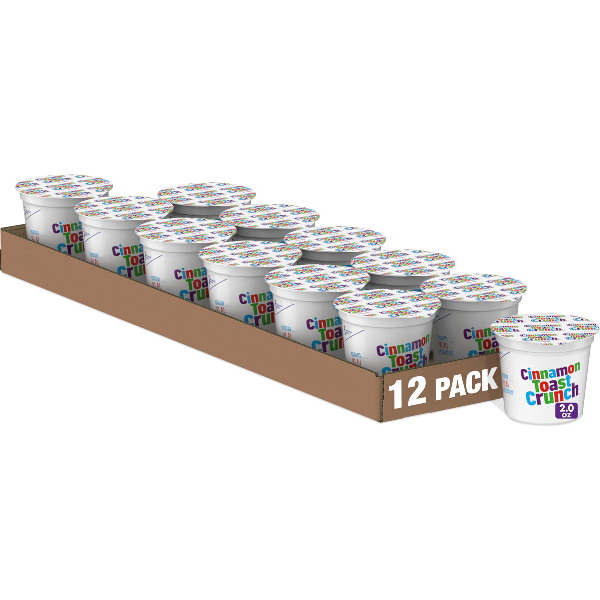 Cinnamon Toast Crunch breakfast cereal cup front view shows grab-and-go convenience for busy mornings.