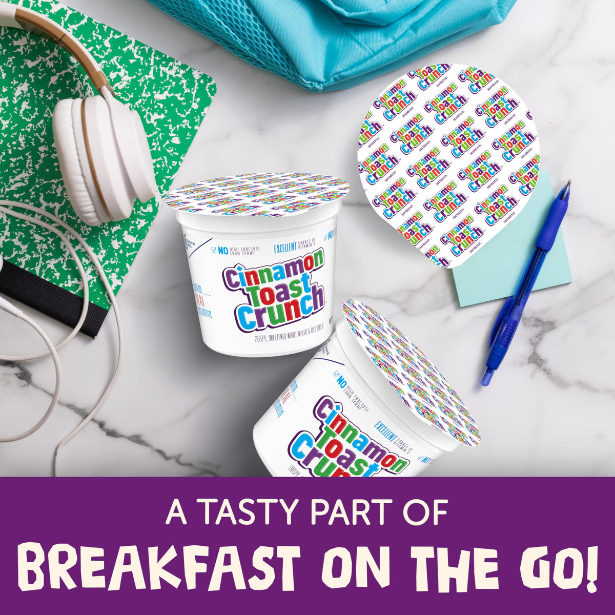 Cinnamon Toast Crunch single-serve cup top view emphasizes easy portion control for snacking.