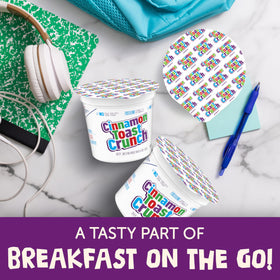 Cinnamon Toast Crunch single-serve cup top view emphasizes easy portion control for snacking.