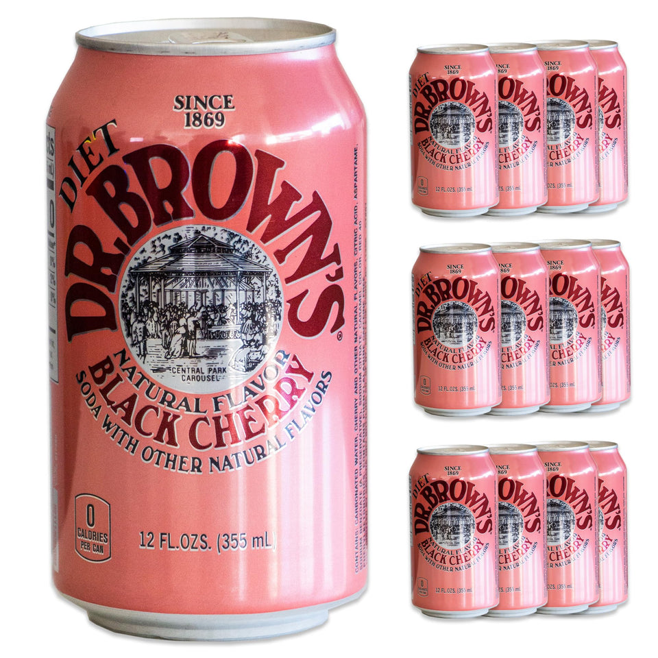 Circle of Drink Dr Brown's Diet Black Cherry Soda can close-up highlighting crisp cherry flavor.