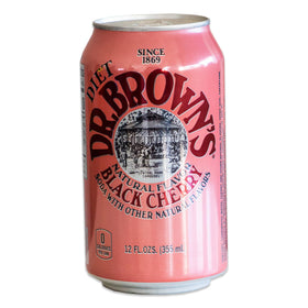 Circle of Drink Dr Brown's Diet Black Cherry Soda cans on a counter present an easy, crowd-pleasing option.