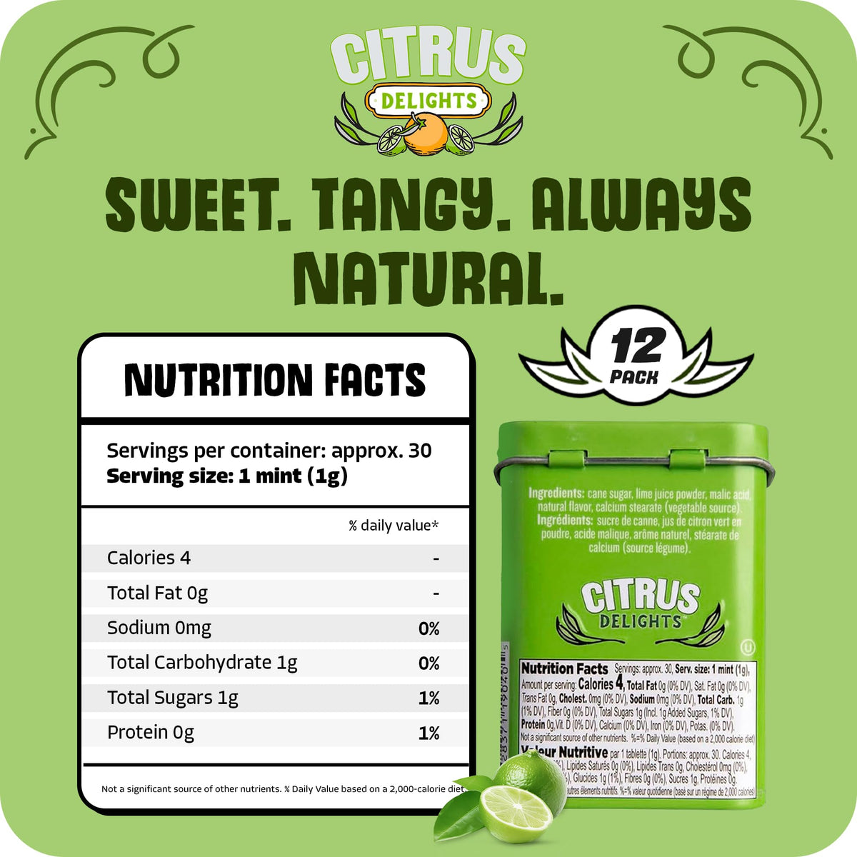 Citrus Delights key lime candy close-up, cane sugar flavor.