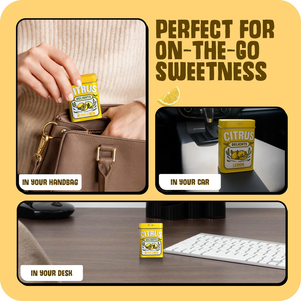 Bright yellow candies in a tin convey a refreshing citrus mood