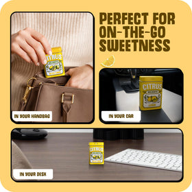 Bright yellow candies in a tin convey a refreshing citrus mood