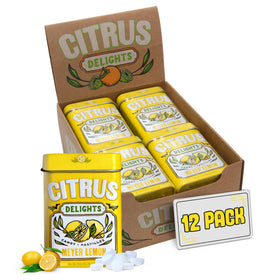 Citrus Delights Meyer Lemon Candy tin front view highlighting gift-worthy packaging