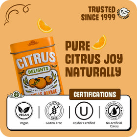 Close-up of Citrus Delights Seville Orange pastilles shows glossy texture and natural color